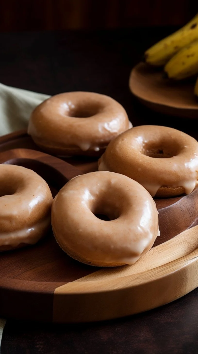 Delicious banana bread donuts topped with glaze and walnuts