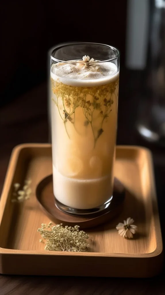 Delicious Banana Chamomile Tea Smoothie in a glass with banana slices and chamomile flowers.