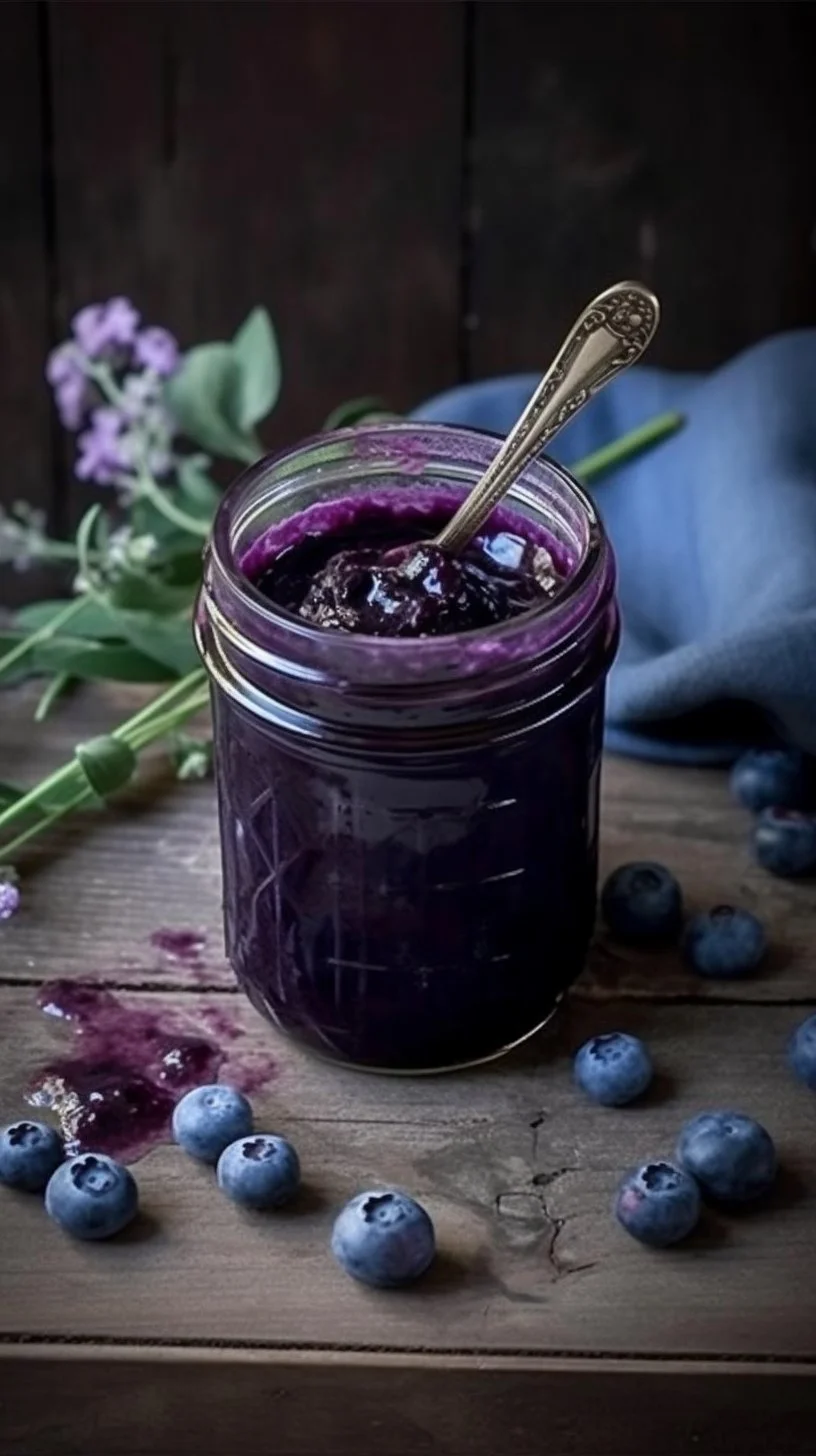 Jar of homemade blueberry lavender jam on a wooden table