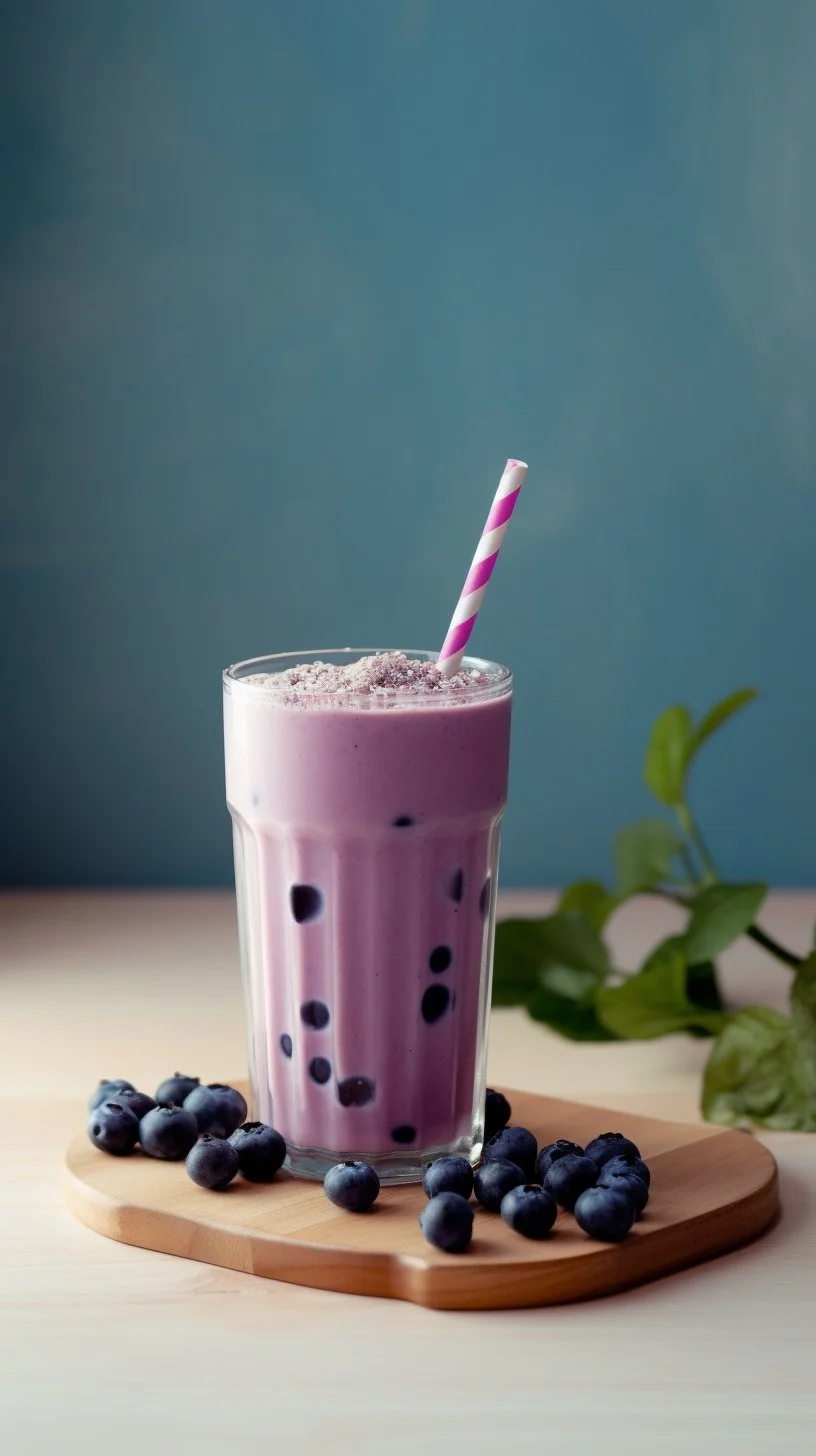 A delicious cup of blueberry milk tea topped with blueberries and milk foam