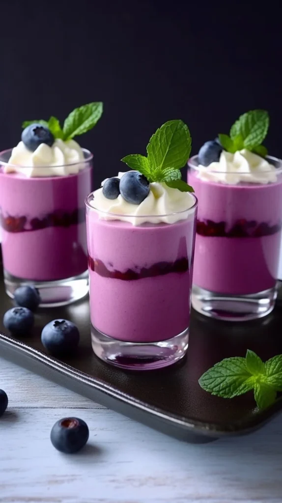 Delicious Blueberry Panna Cotta dessert topped with fresh blueberries and mint
