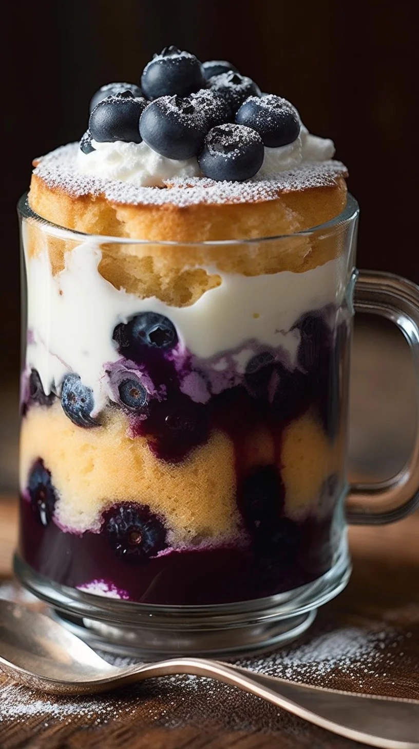 Blueberry Vanilla Mug Cake ready to enjoy in a mug.