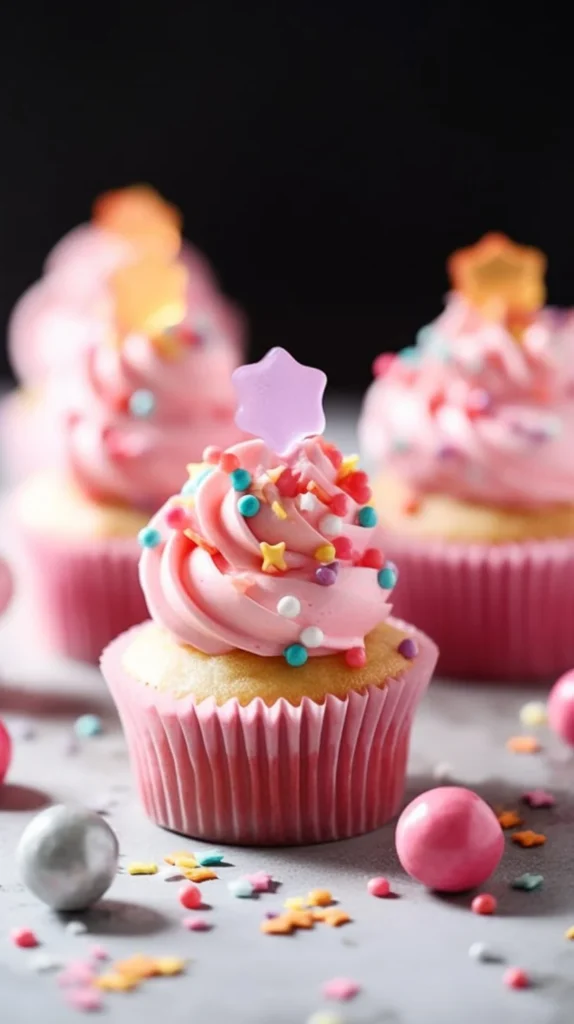 Colorful bubble gum frosted cupcakes topped with sprinkles