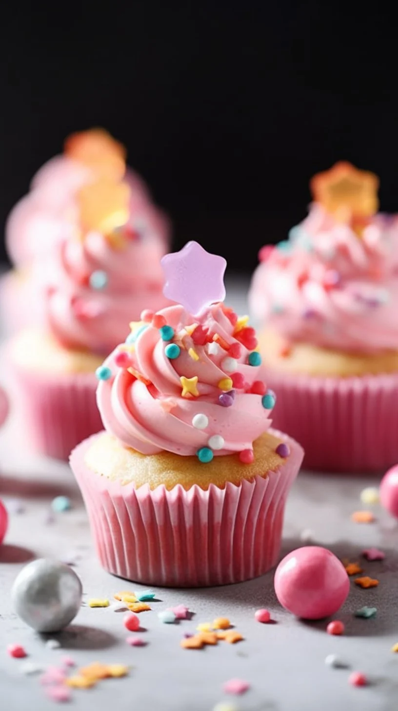 Colorful bubble gum frosted cupcakes topped with sprinkles