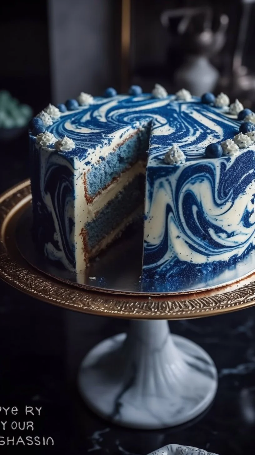 A beautifully baked Butterfly Pea and Cocoa Pound Cake on a rustic table.