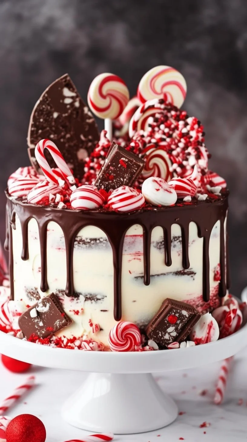 Delicious Candy Cane Mousse Cake decorated with festive candy canes and whipped cream.