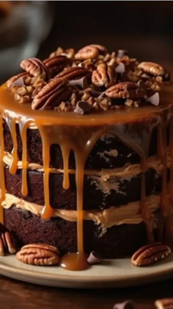 Delicious Caramel Pecan Chocolate Cake with rich chocolate and crunchy pecans