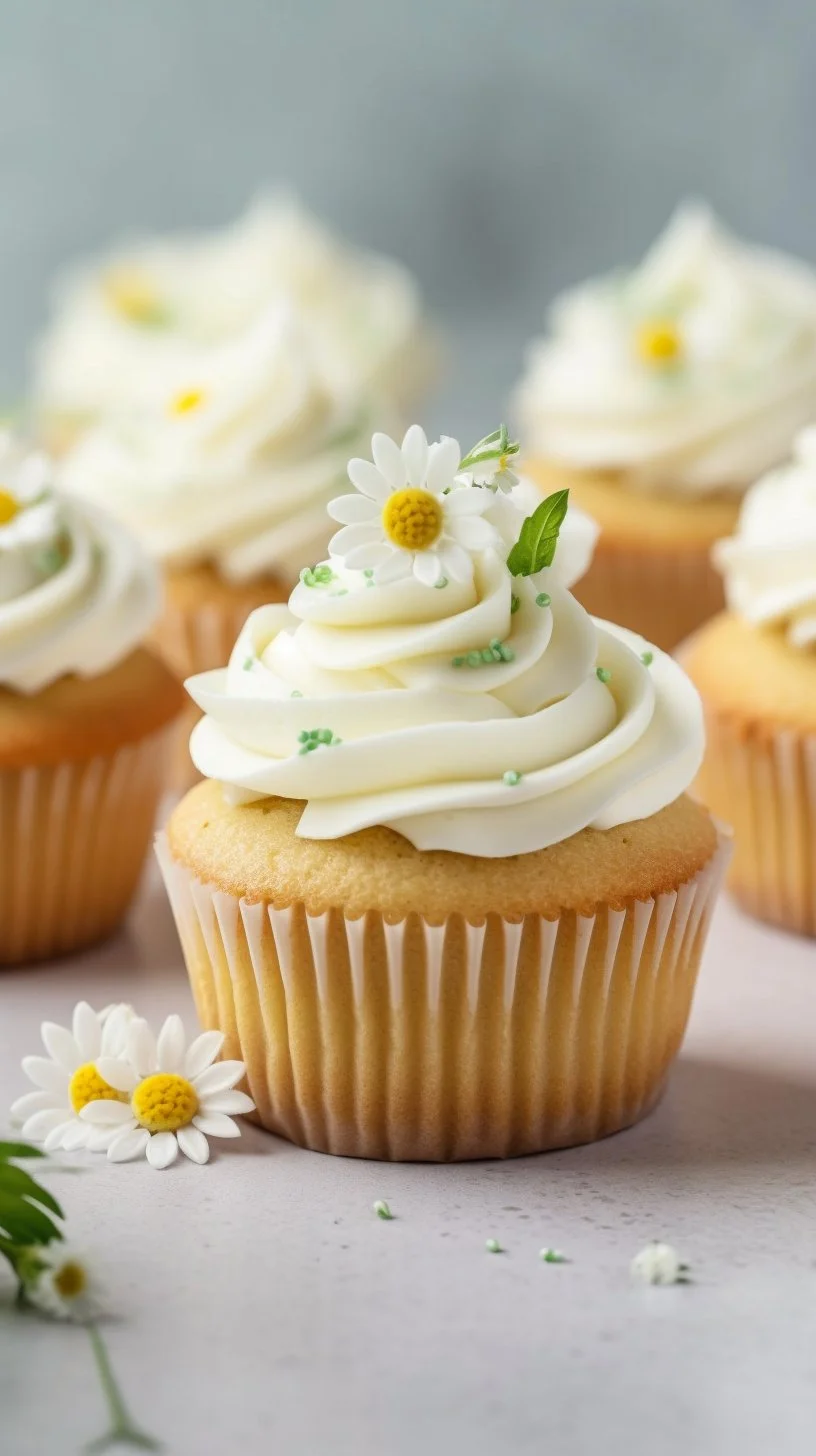 Delicious chamomile cupcakes topped with cream frosting and flower decor.