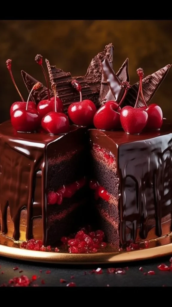 Slice of Cherry Ripe Chocolate Cake with cherries and chocolate icing