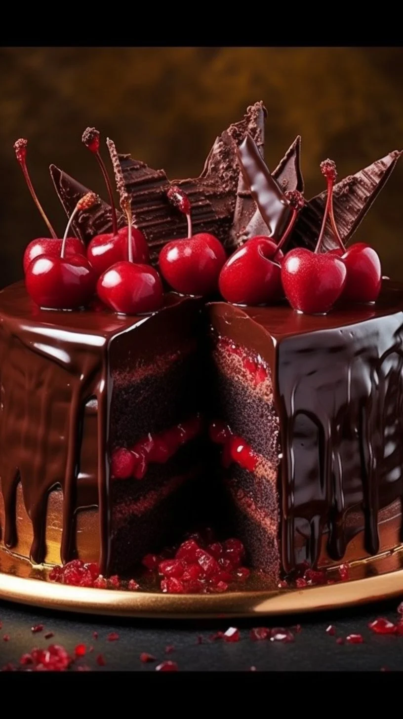 Slice of Cherry Ripe Chocolate Cake with cherries and chocolate icing