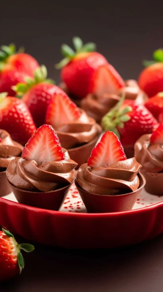 Chocolate cheesecake stuffed strawberries on a plate