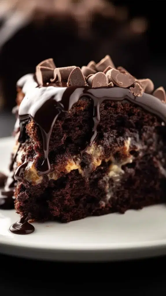 Delicious Chocolate Coconut Pecan Cake topped with coconut and pecans