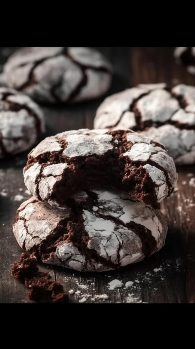Freshly baked Chocolate Crinkle Cookies dusted with powdered sugar