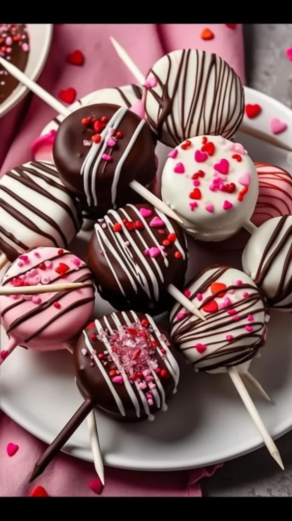 Chocolate dipped marshmallow pops on a festive plate.
