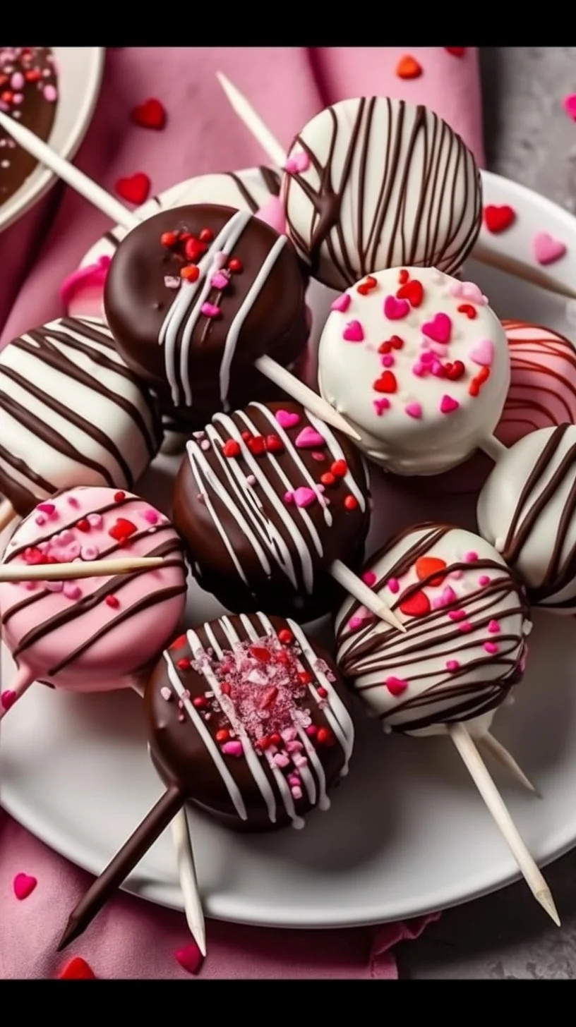 Chocolate dipped marshmallow pops on a festive plate.