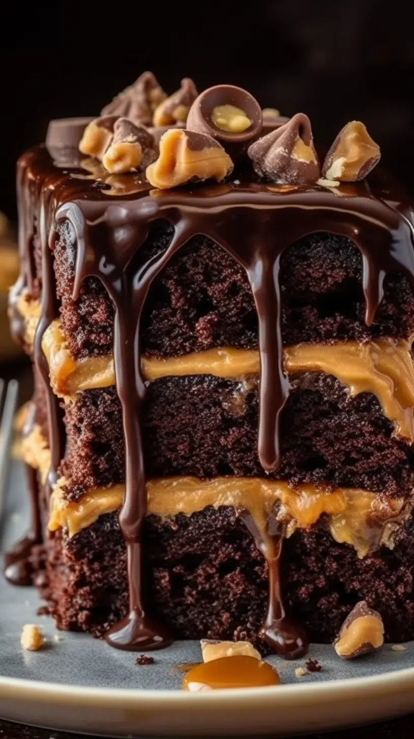 Delicious Chocolate Peanut Butter Cake with a gooey texture and rich chocolate frosting.