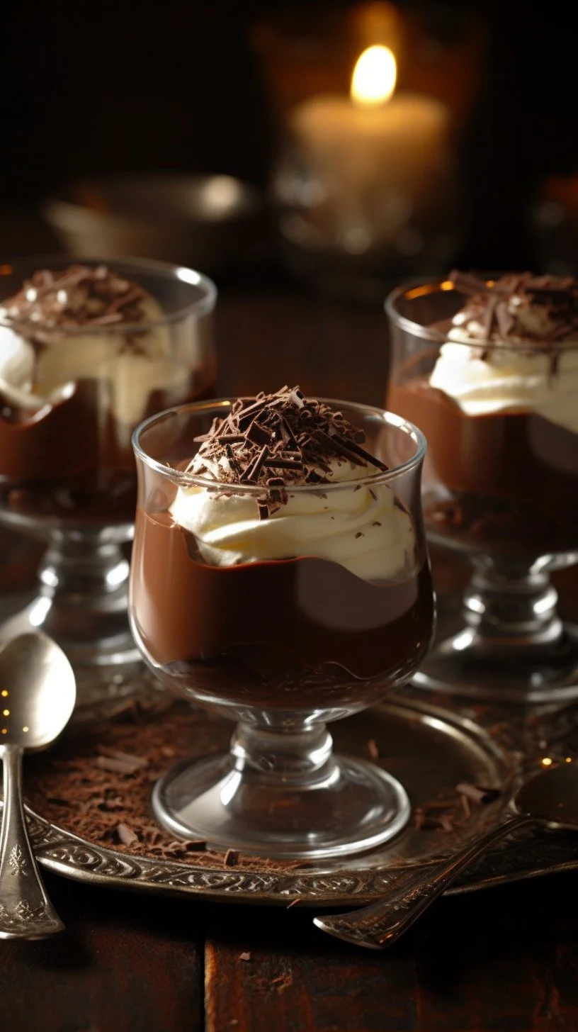 Delicious homemade chocolate pudding in a clear glass bowl with chocolate shavings on top.