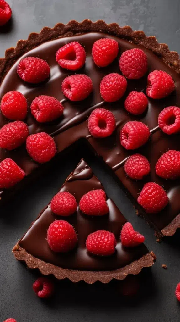 Delicious Chocolate Raspberry Tart with fresh raspberries on top