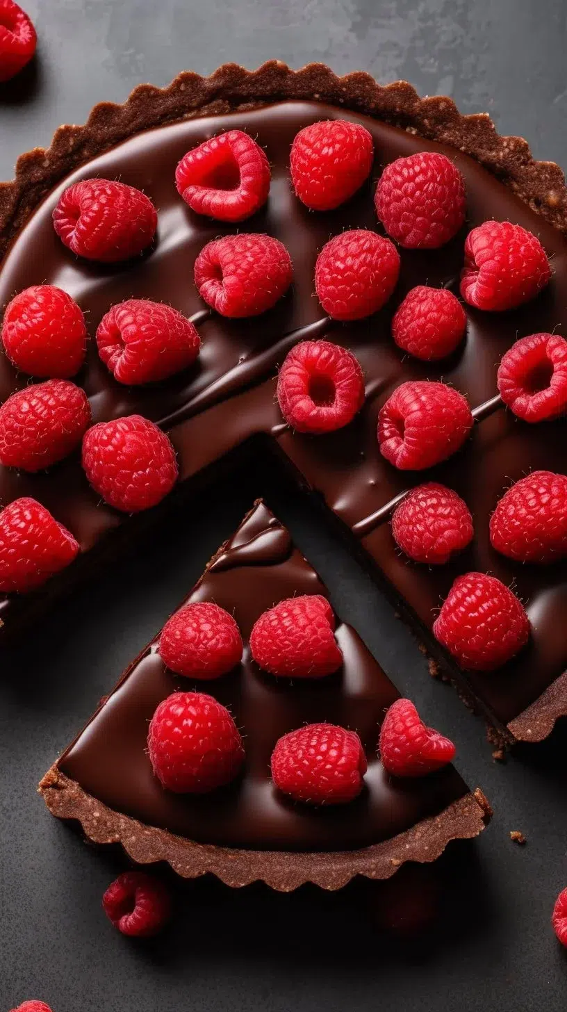 Delicious Chocolate Raspberry Tart with fresh raspberries on top