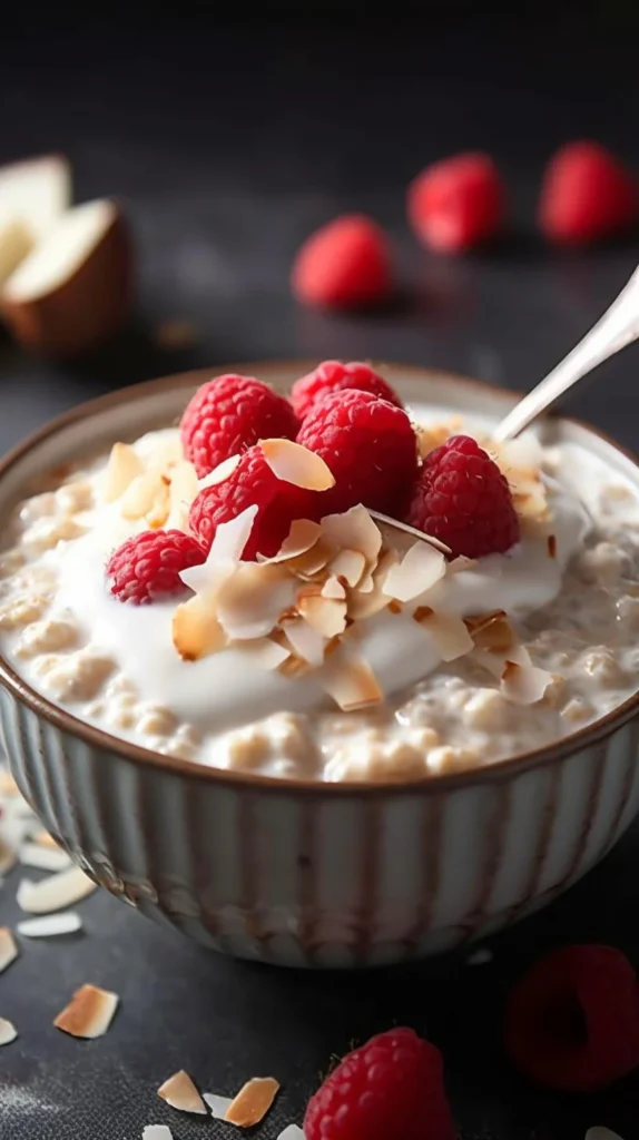 Coconut cream pie overnight oats topped with shredded coconut and whipped cream.