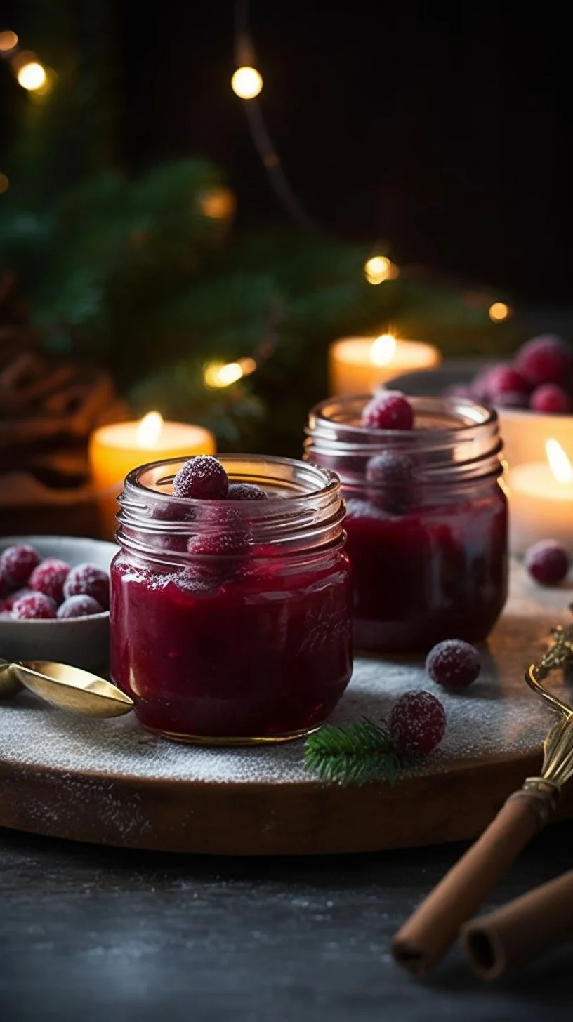 Delicious homemade cranberry curd in a glass jar with fresh cranberries