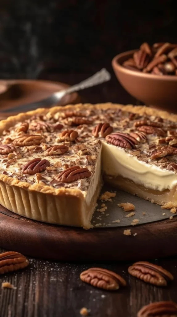 Delicious creamy no-bake pecan pie topped with pecans and whipped cream