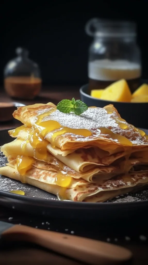 Crepes filled with pineapple, mango, and coconut on a plate