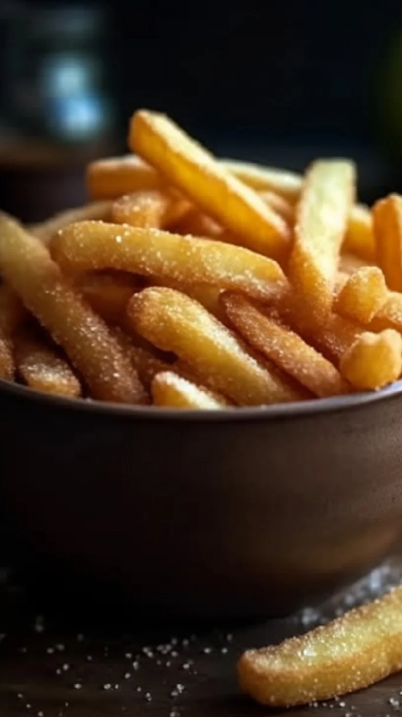 Crispy air fryer apple fries served in a bowl with cinnamon dip