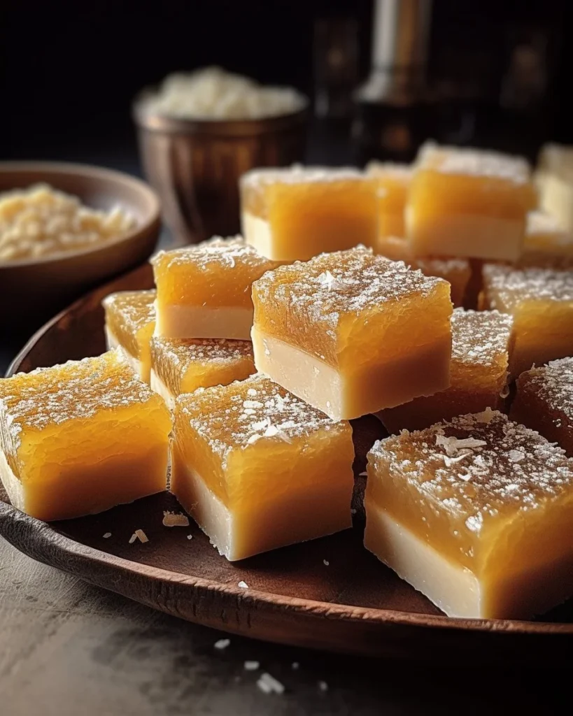 Decadent coconut mochi cake with a soft, chewy texture and coconut flakes on top.