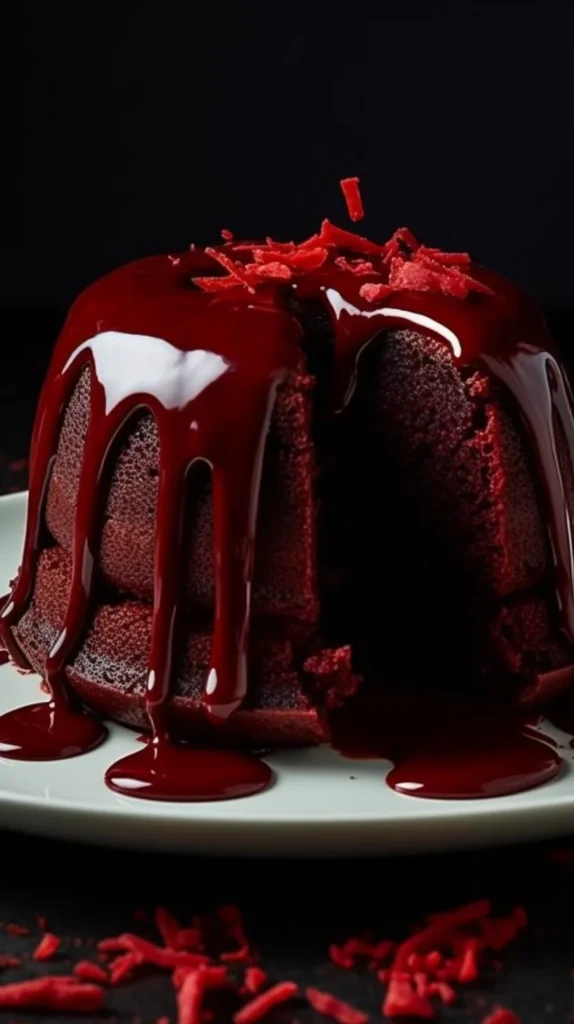 Decadent red velvet lava cake with a molten chocolate center topped with cream cheese icing.