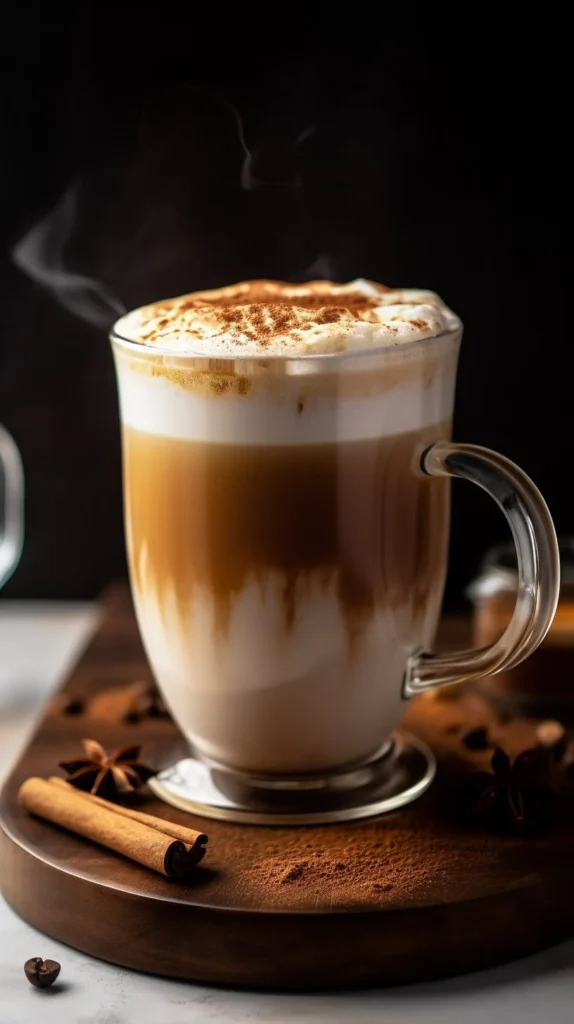 A delicious dirty chai latte topped with whipped cream and a sprinkle of cinnamon.