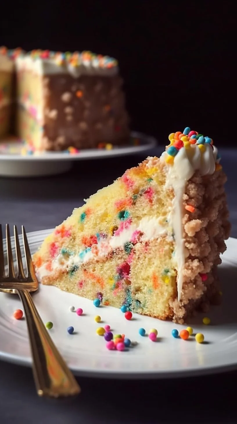 Slice of Double Funfetti Crumb Cake topped with colorful sprinkles