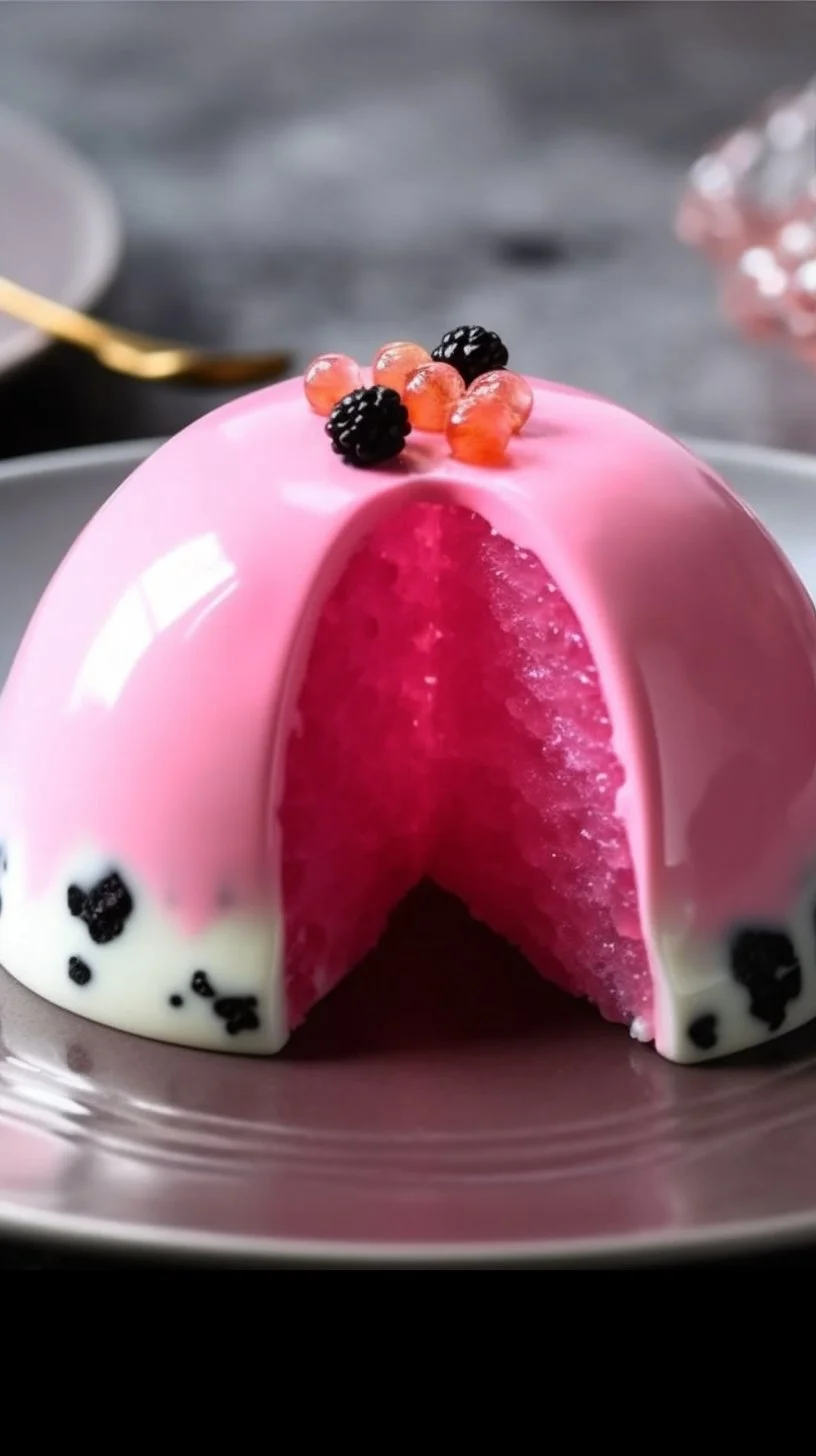 Delicious Dragon Fruit Mousse Cake topped with fresh fruit and vibrant colors