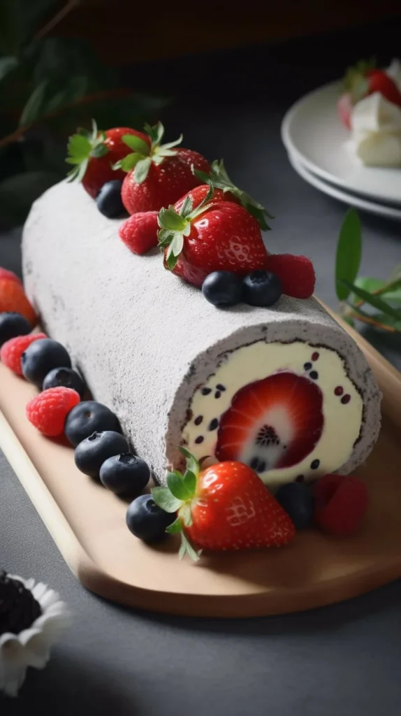 Earl Grey Tea chiffon cake roll sliced on a plate with tea leaves