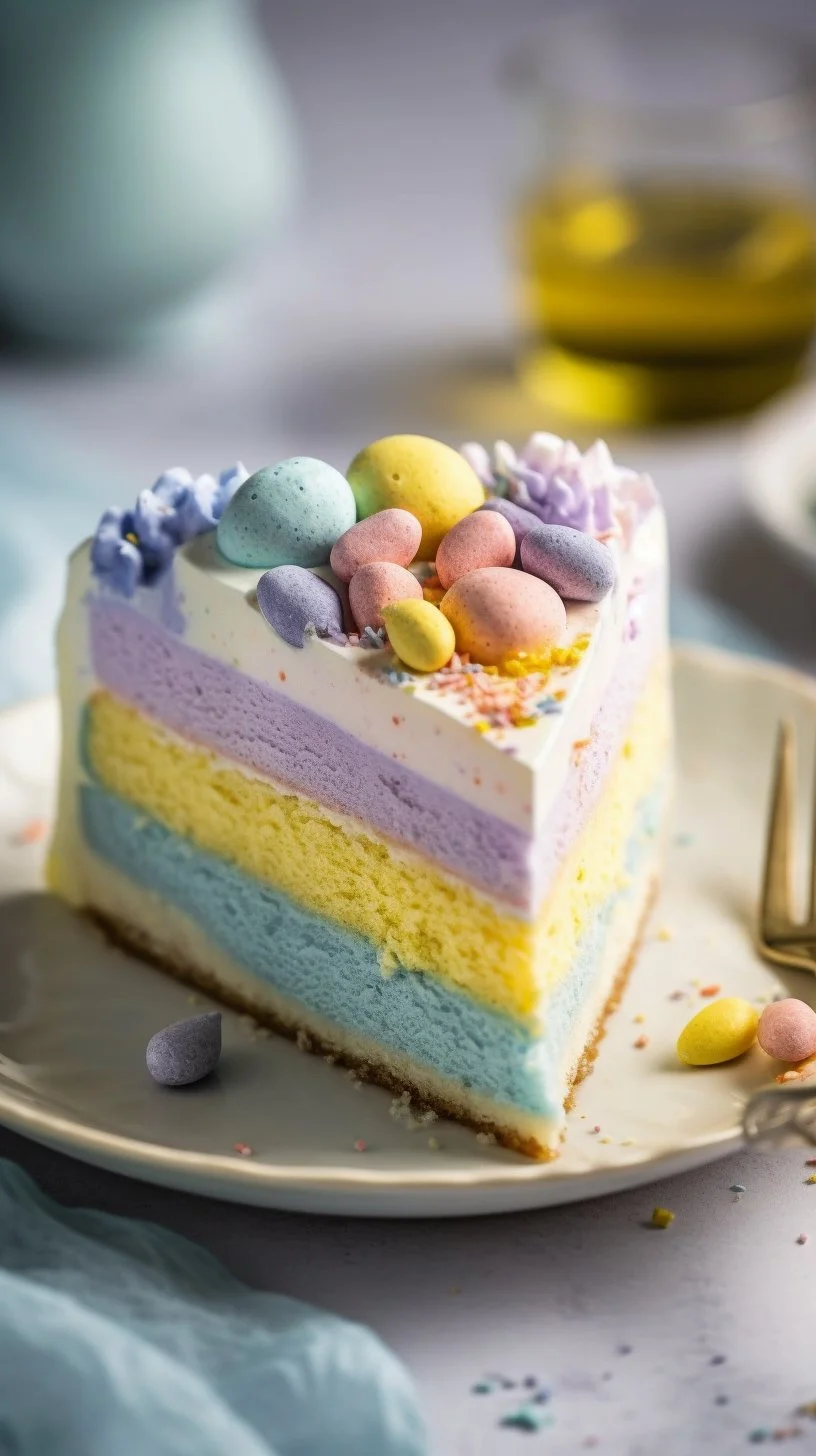 Colorful Easter Jello-O Pie topped with whipped cream and fruit