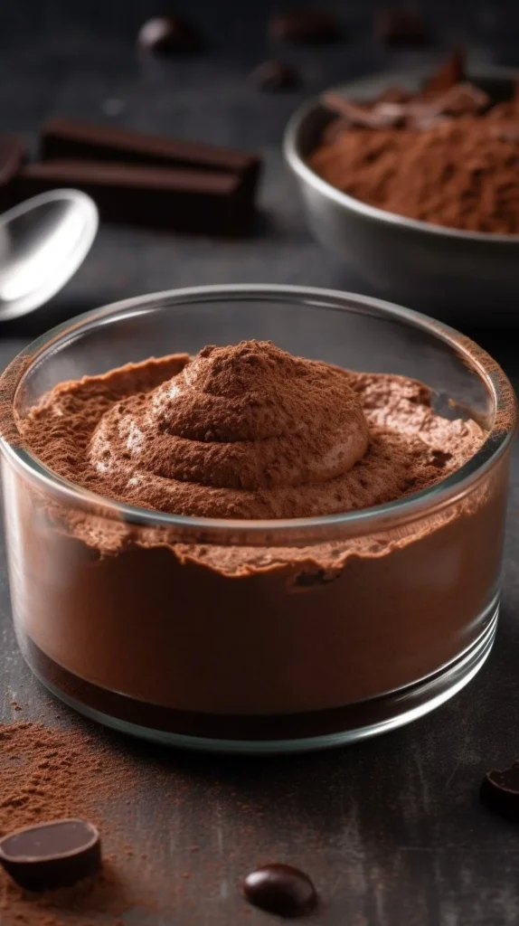 Delicious homemade easy chocolate mousse in a glass dessert cup.