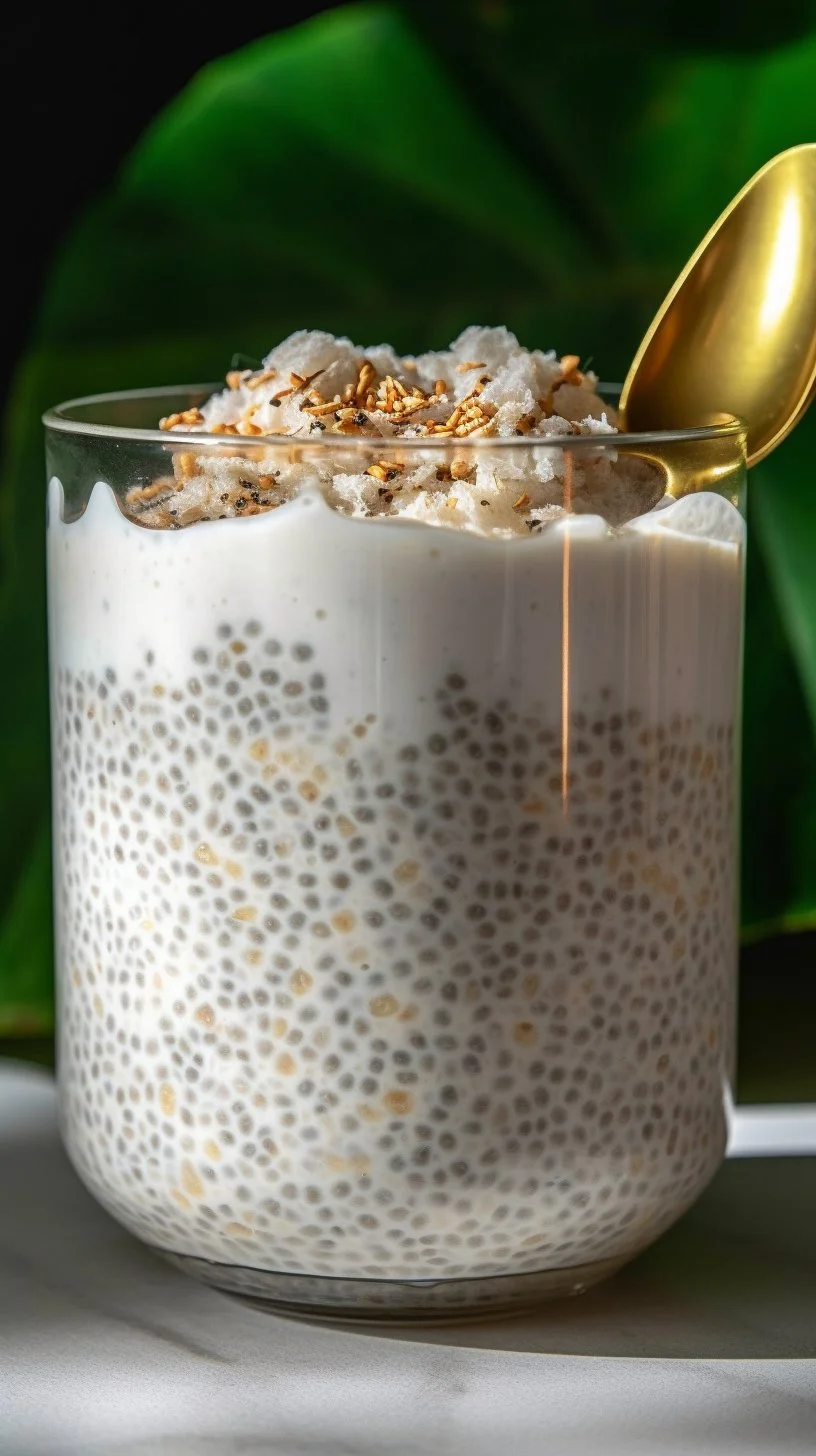 Bowl of easy coconut chia pudding topped with fresh fruit and nuts