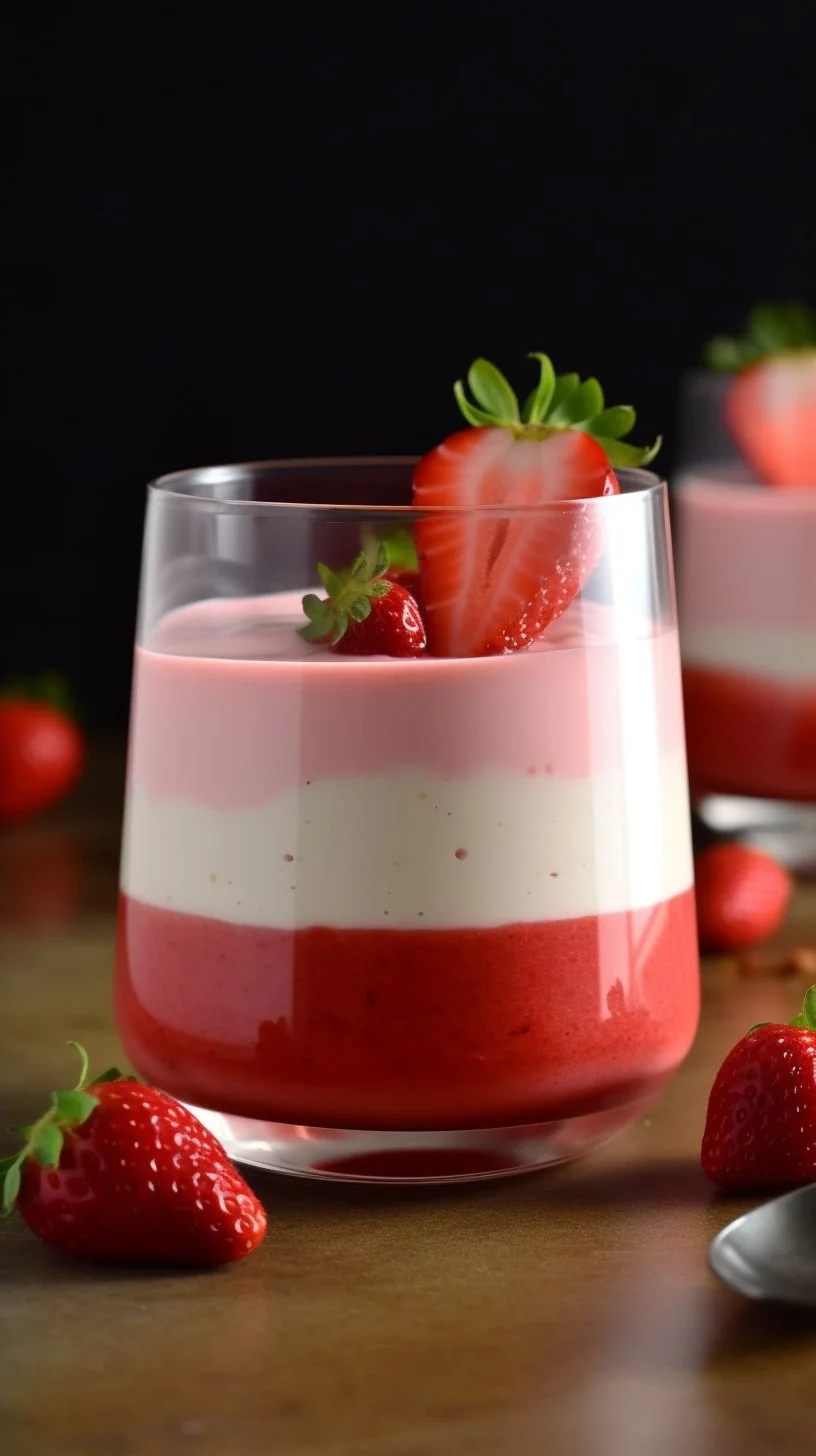 Delicious easy strawberry panna cotta in a glass garnished with fresh strawberries.