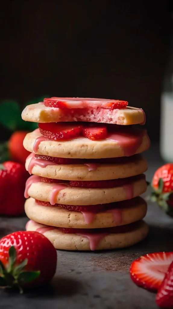 Freshly baked easy strawberry shortbread cookies with sliced strawberries