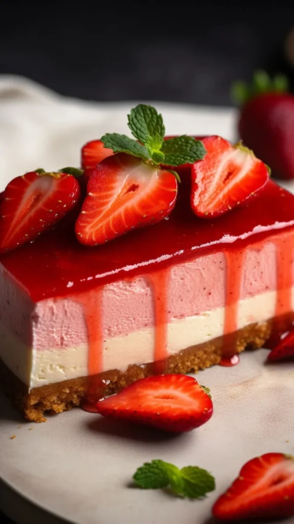 Easy vegan strawberry cheesecake topped with fresh strawberries.