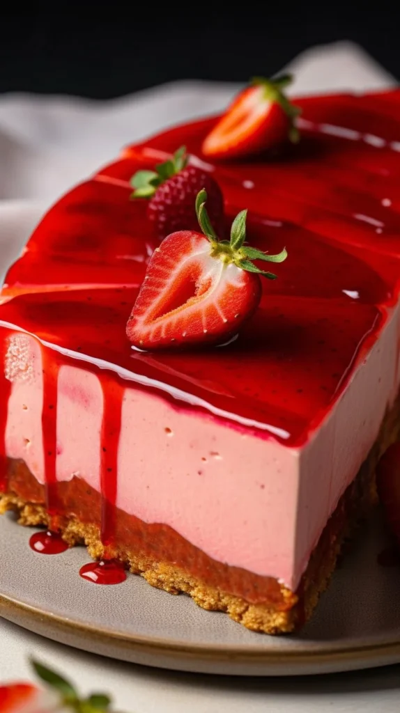 Delicious easy vegan strawberry cheesecake topped with fresh strawberries.