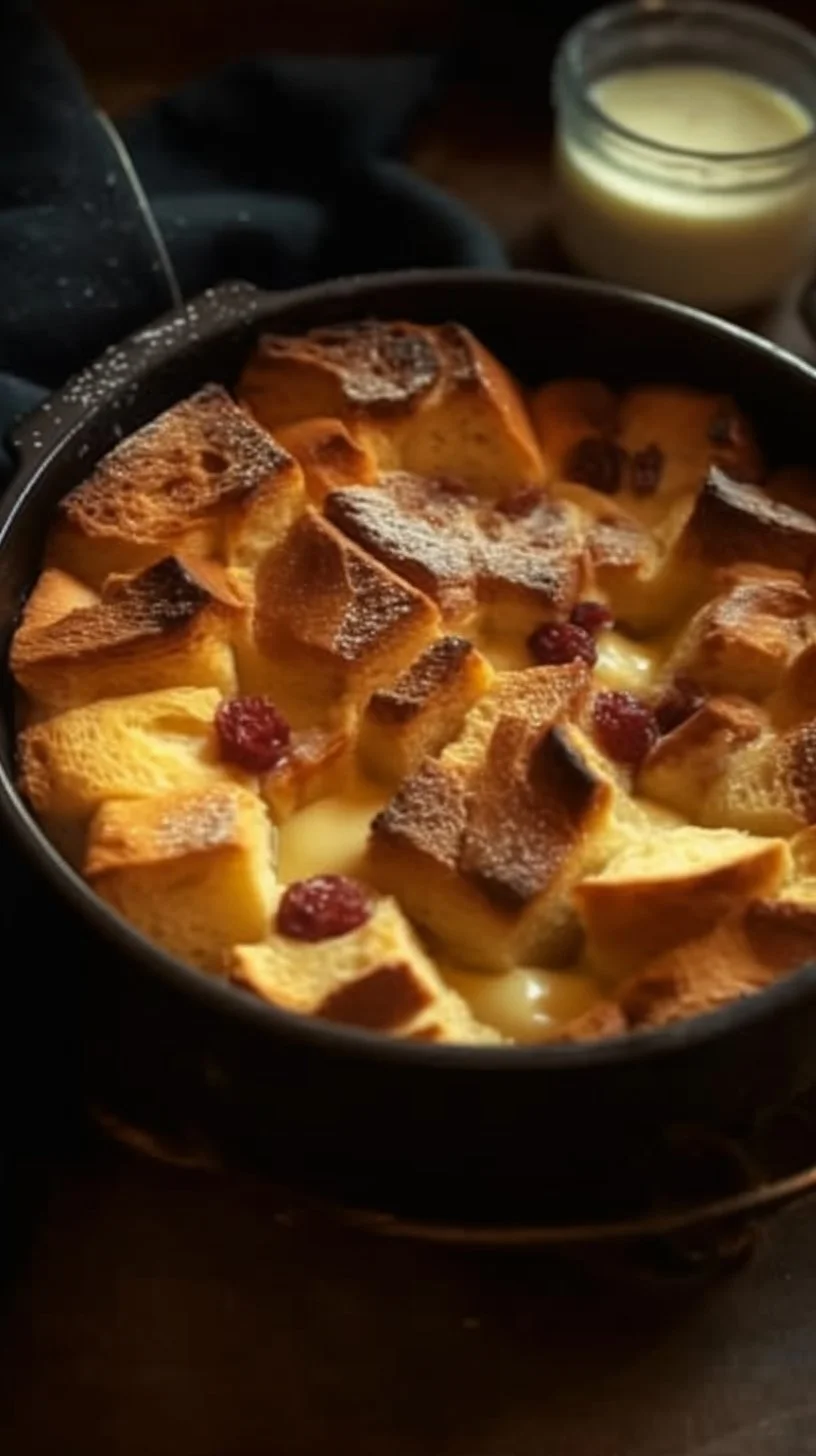 Delicious eggnog bread pudding served with a festive garnish.
