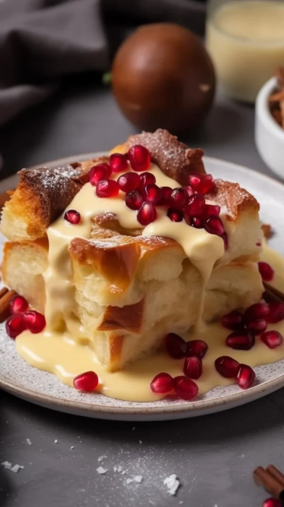 Deliciously creamy Eggnog Bread Pudding topped with spices and whipped cream.