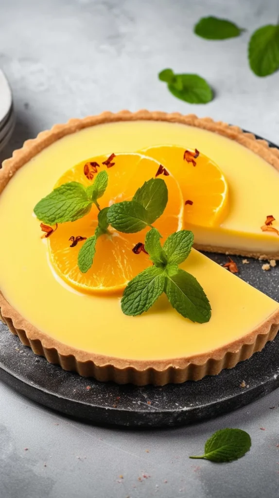 Delicious French orange tart with citrus filling and flaky crust