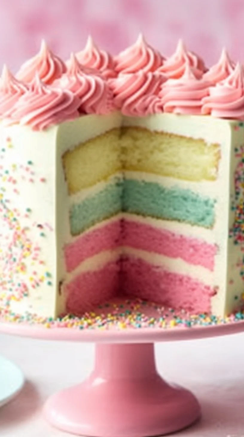 Frosted Circus Animal Cookie Cake topped with colorful sprinkles and cookie animals