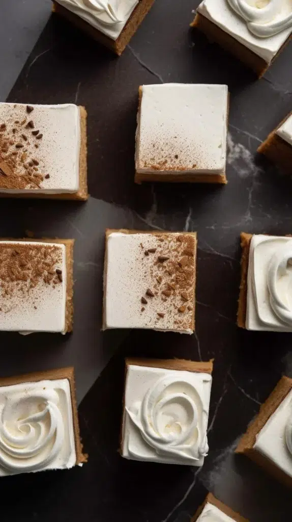 Frosted gingerbread brownies topped with creamy frosting and holiday spices