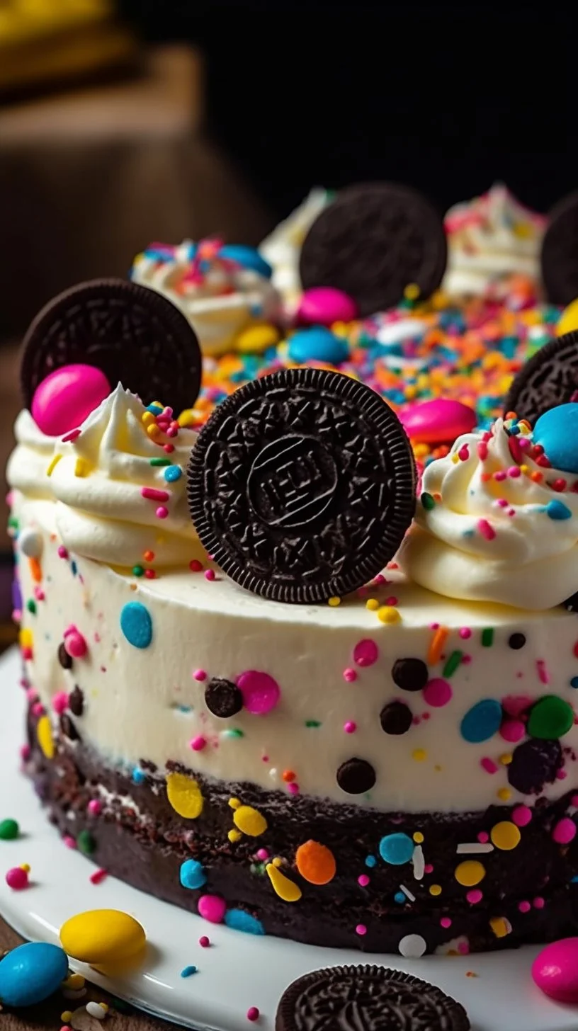 Slice of Funfetti Oreo Icebox Cake garnished with sprinkles and whipped cream