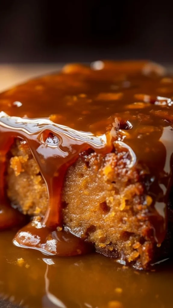 Ginger Sticky Toffee Pudding Cake topped with rich toffee sauce and ginger pieces
