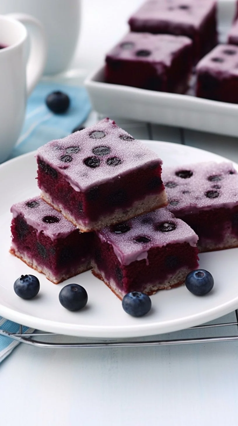 Glazed blueberry brownies topped with a sweet icing and fresh blueberries