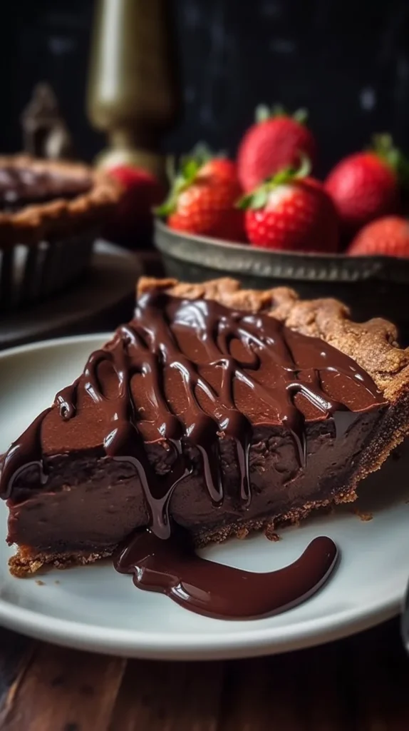 Delicious gooey brownie pie topped with chocolate drizzle and served on a plate